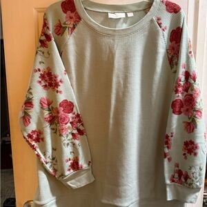 Floral Sleeve Waffle Knit Sweatshirt